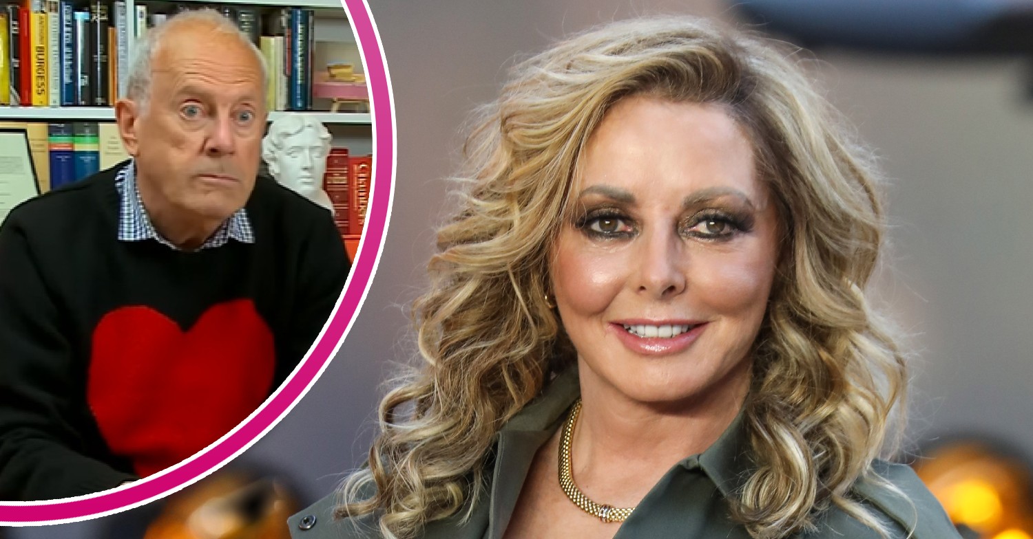 Gyles Brandreth looks shocked on Celebrity Gogglebox and Carol Vorderman smiling at premiere