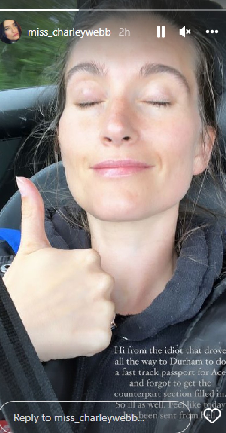 Charley Webb puts her thumb up for selfie on Instagram