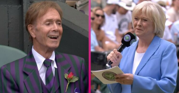Cliff Richard smiles at Wimbledon as Sue Barker speaks into a microphone