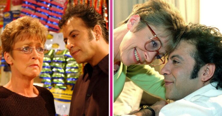 Split: Dierdre looking worried and Dev smiling at her, Dierdre and Dev smile as they look close in Coronation Street