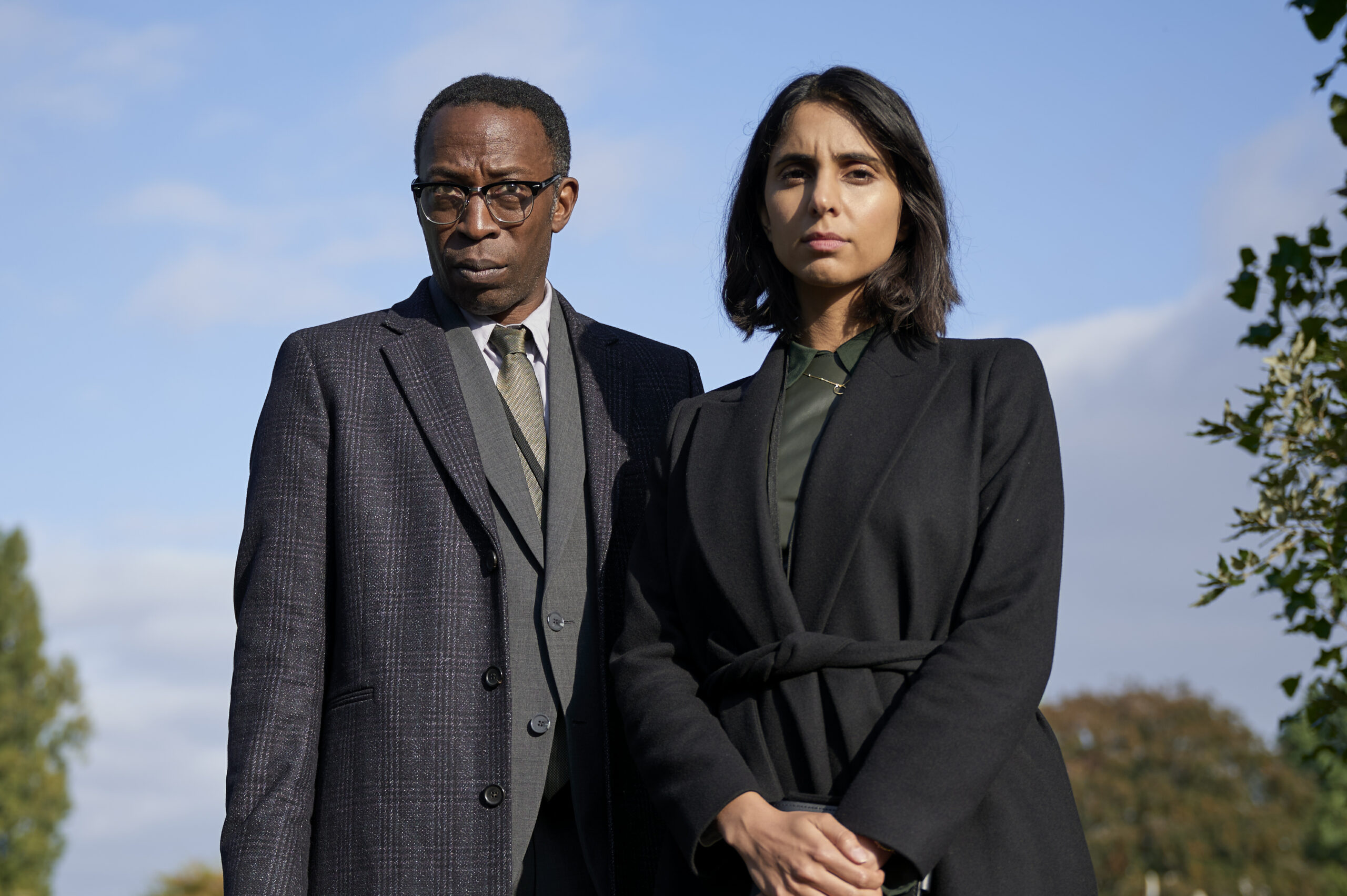 Shaun Parkes as DI Ruiz and Anjli Mohindra as DS Devi taking during filming.