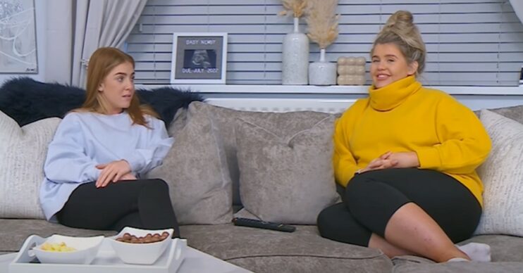 Abbie Lynn and Georgia Bell sitting on sofa on Gogglebox