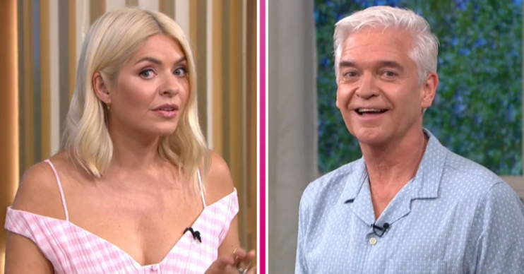 Holly Willoughby looking shocked on This Morning and Phillip Schofield smiling