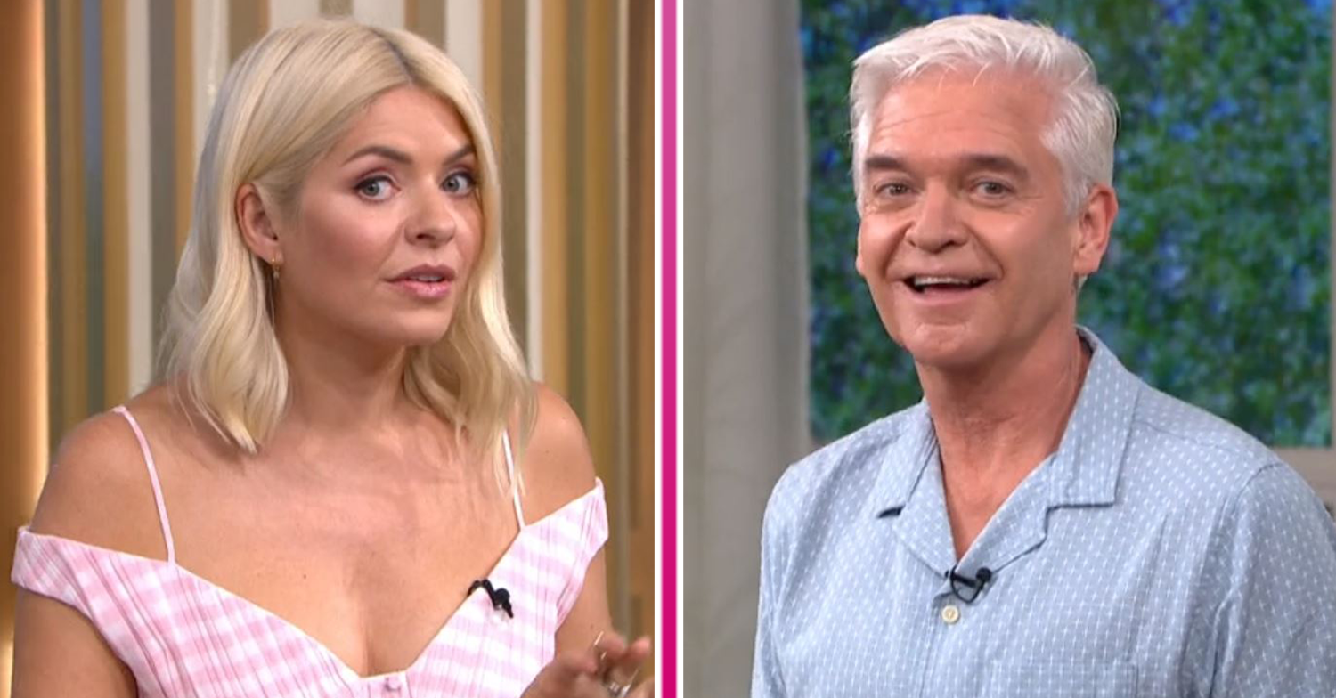 Holly Willoughby looking shocked on This Morning and Phillip Schofield smiling