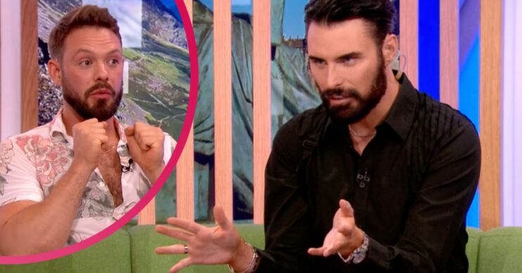 John Whaite looks shocked and Rylan puts his hands out as they discuss Celebrity Gogglebox