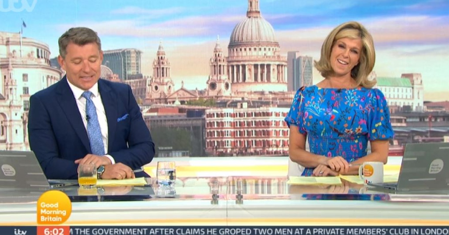 Ben Shephard and Kate Garraway in blue dress on GMB today