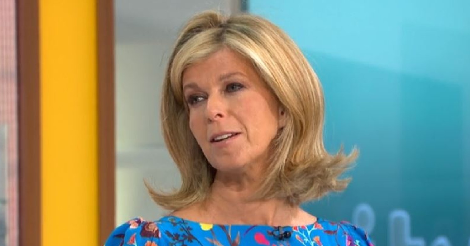 Kate Garraway smiling in blue dress on GMB today