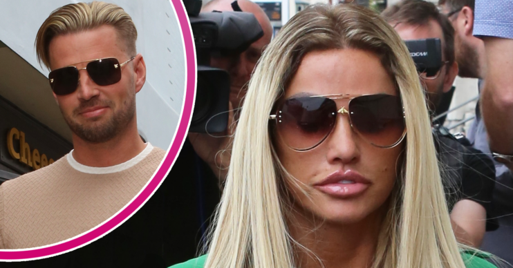 Katie Price wearing a green top and sunglasses and Carl inset