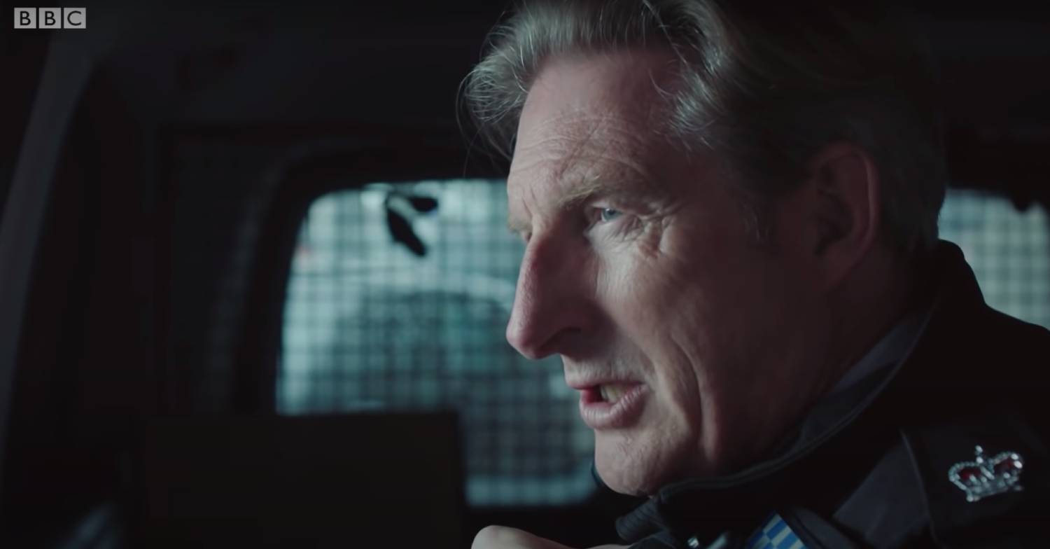 Adrian Dunbar in character as Superintendent Ted Hastings