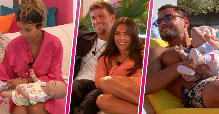 Love Island stars doing the baby challenge