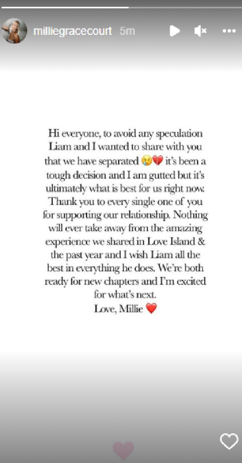 Love Island star Millie Court announces split from Liam in statement