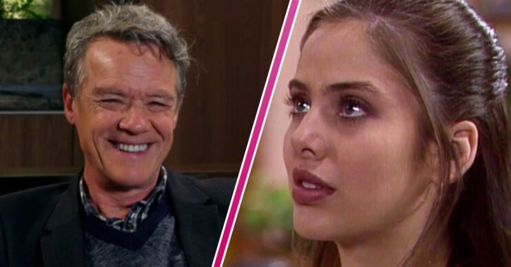 Neighbours cast member Stefan Dennis smiles and Natalie Imbruglia in character as Beth Brennan