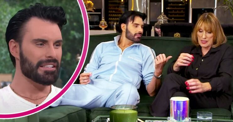 Rylan gestures to his mum Linda on Celebrity Gogglebox