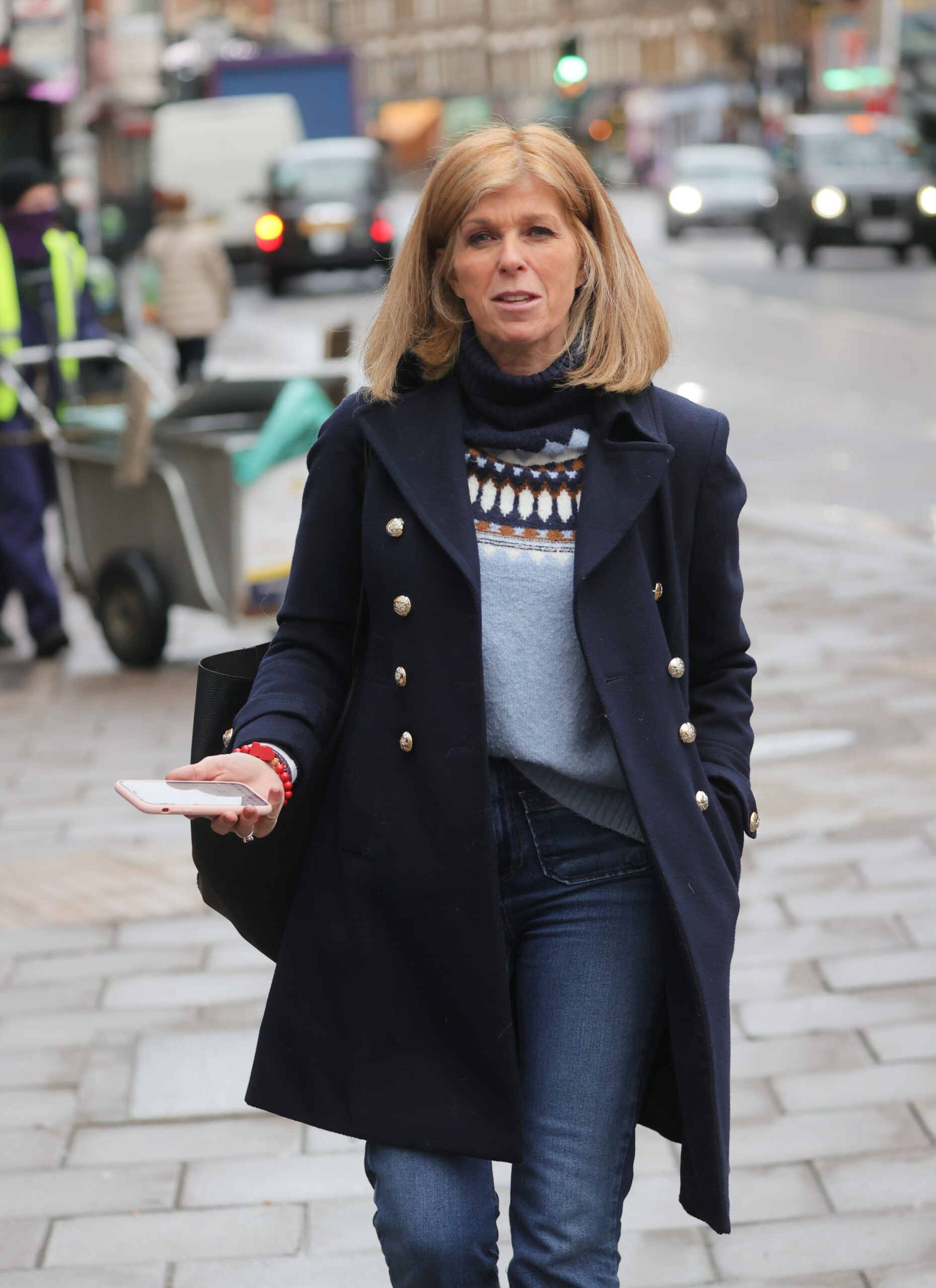Kate Garraway in a navy coat and jeans in London