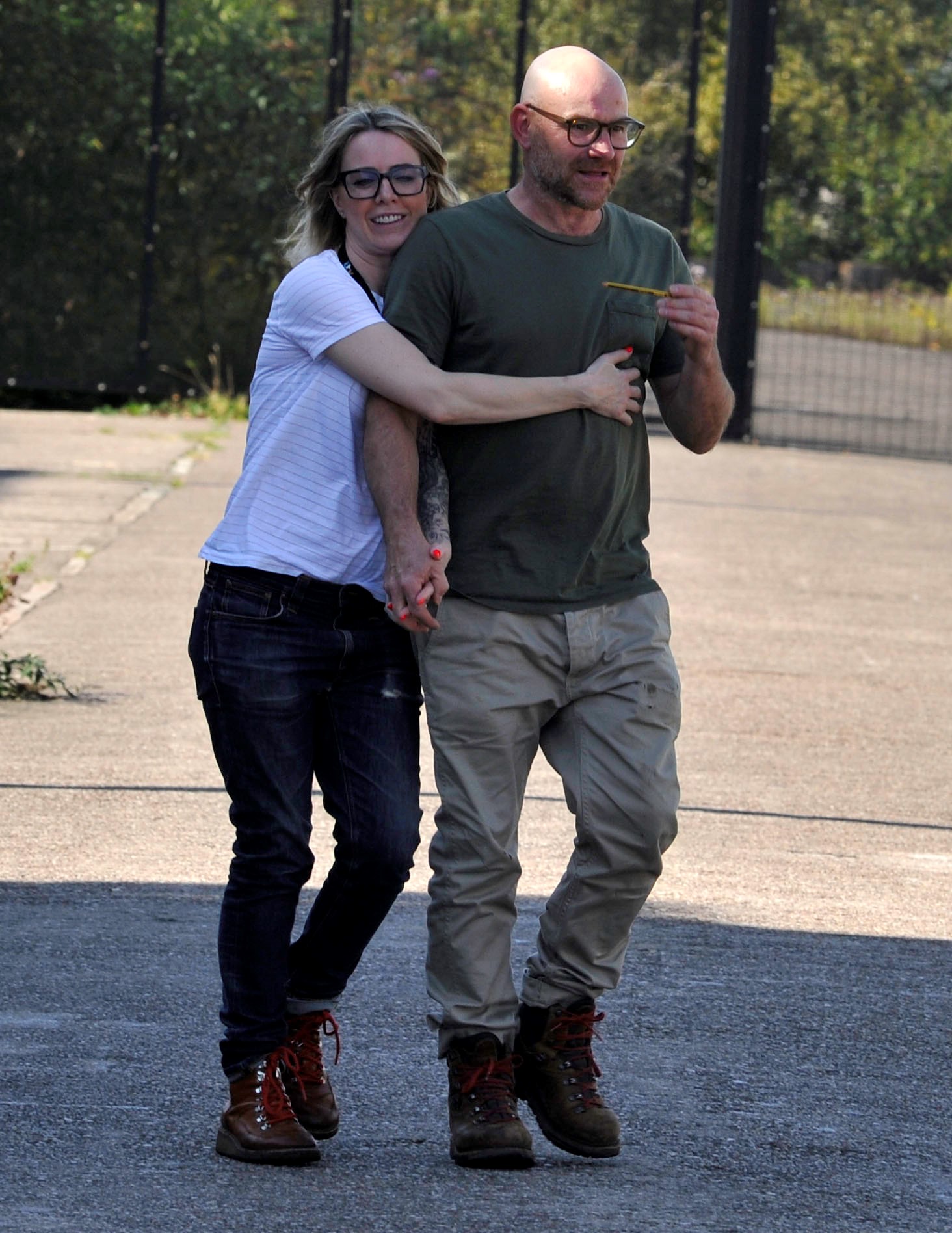 Sally Carman hugs Joe Duttine outside Mediacity studios