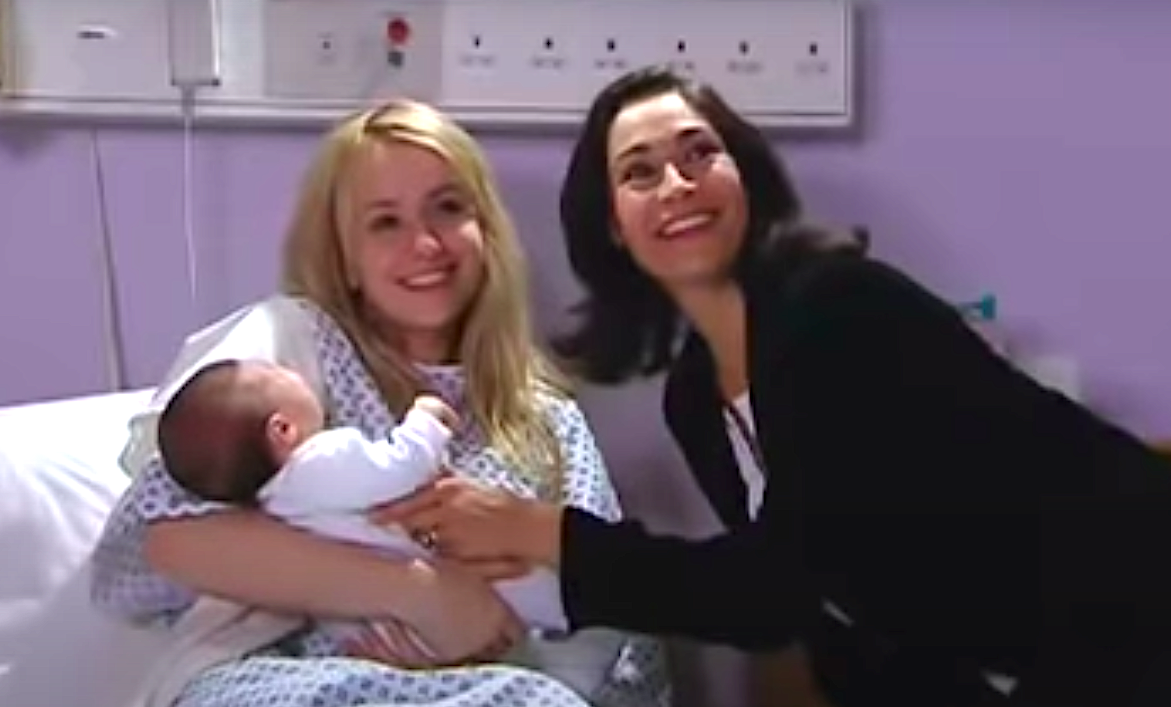 Katie Sugden and Perdita Sinclair celebrate the birth of a baby boy