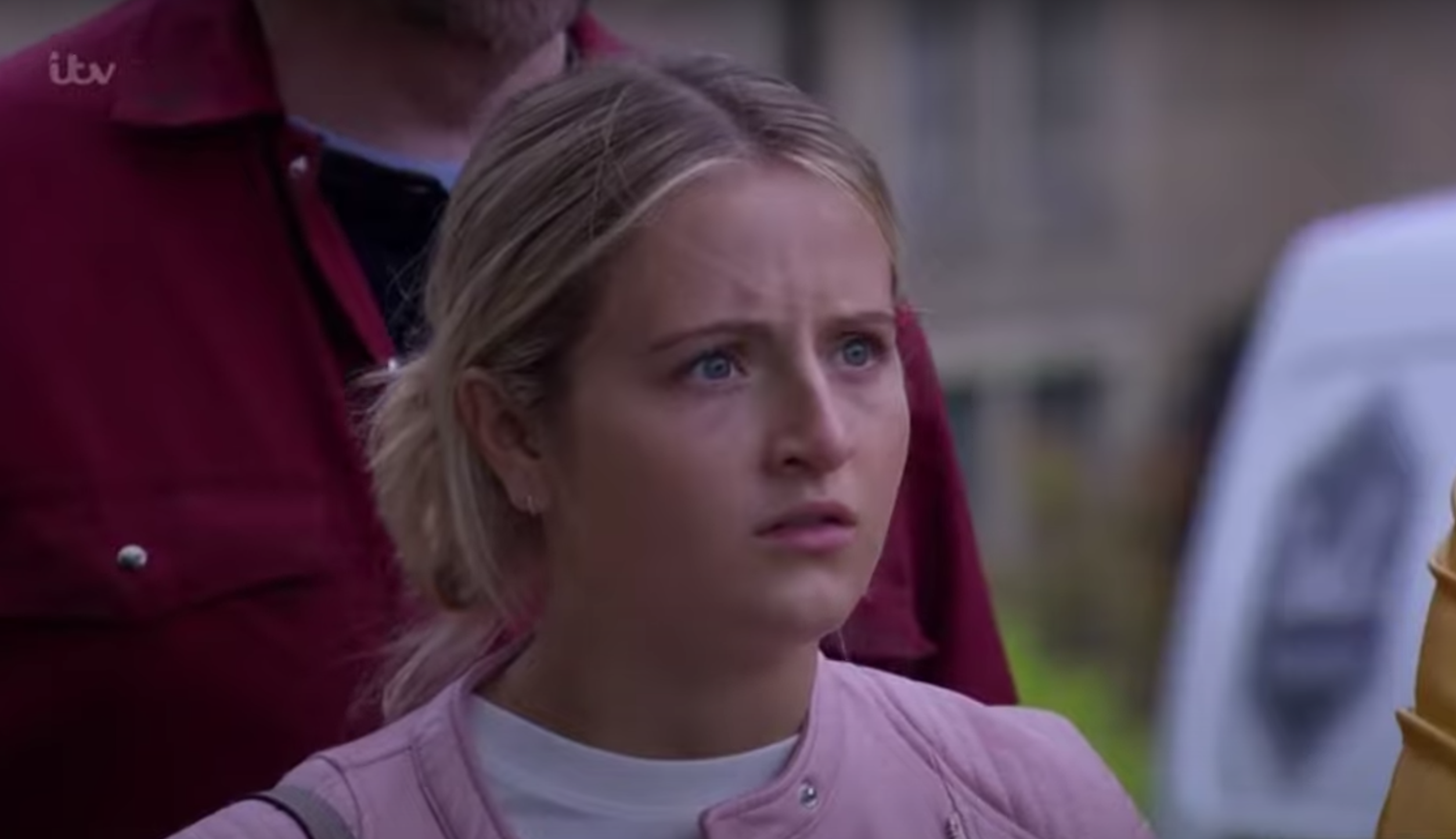 Amelia Spencer looking terrified in Emmerdale (Credit: ITV)