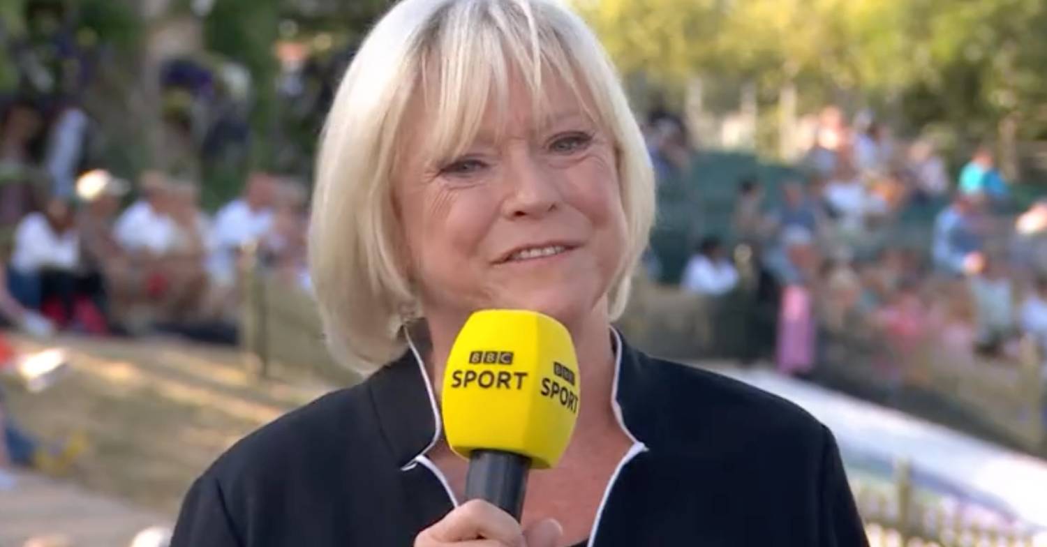 Sue Barker cries during BBC coverage of Wimbledon