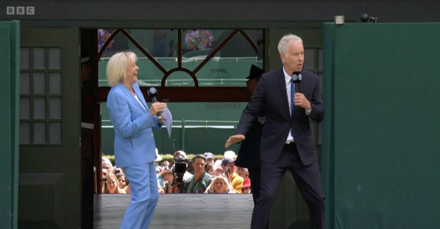 John McEnroe banters with Sue Barker at Wimbledon