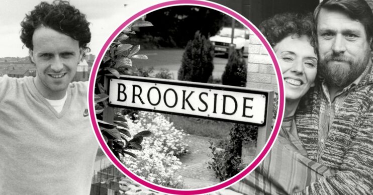 Three stars of Brookside and the close sign