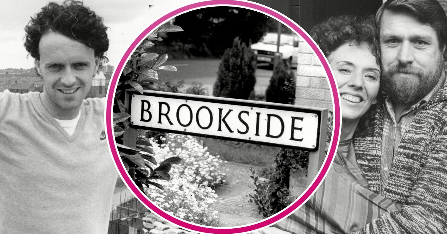 Three stars of Brookside and the close sign