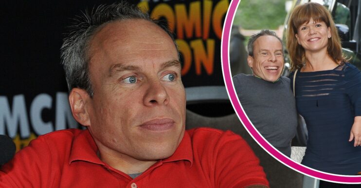 Warwick Davis looking sad and his wife inset
