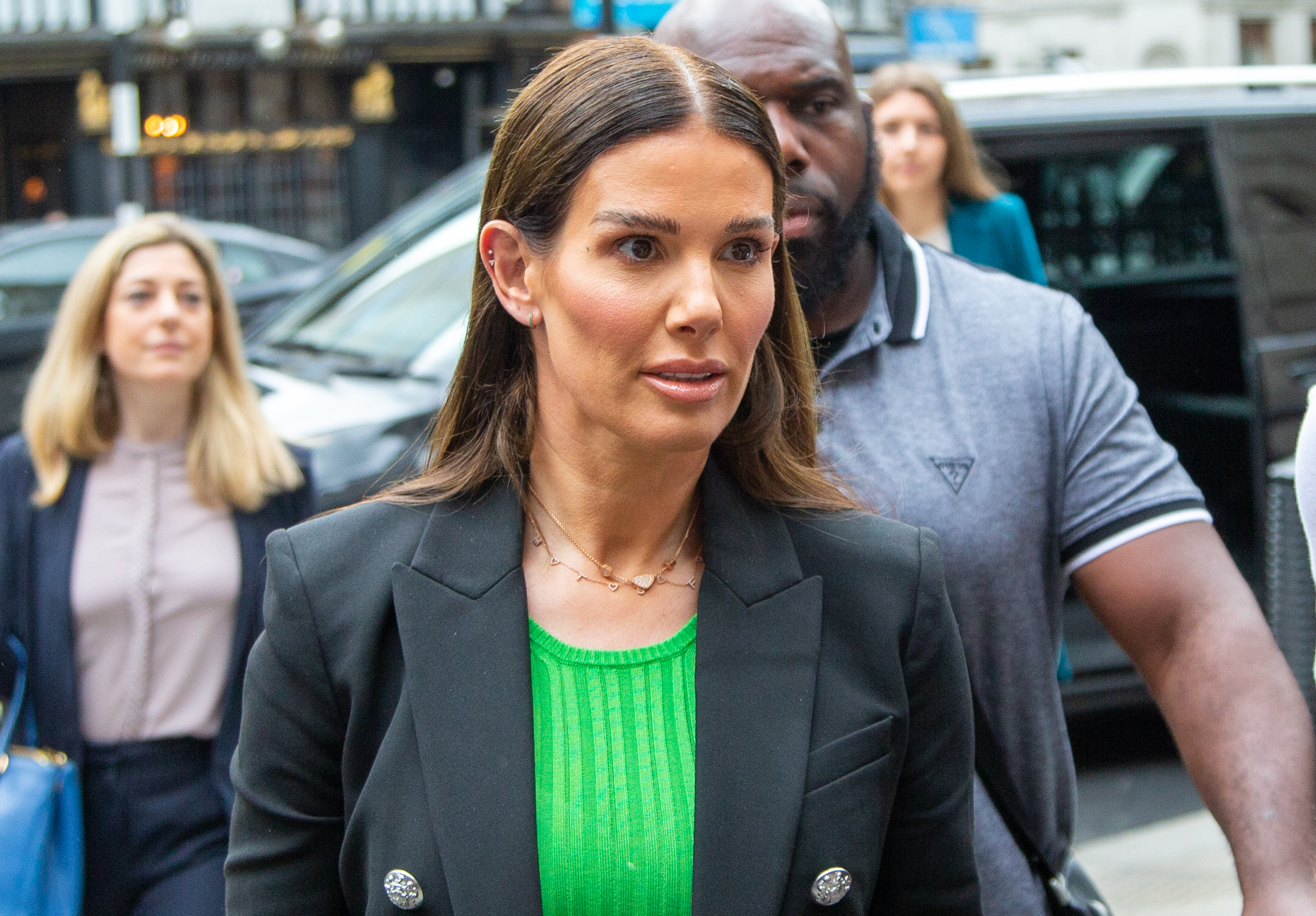 Rebekah Vardy in green at the Wagatha Christie trial