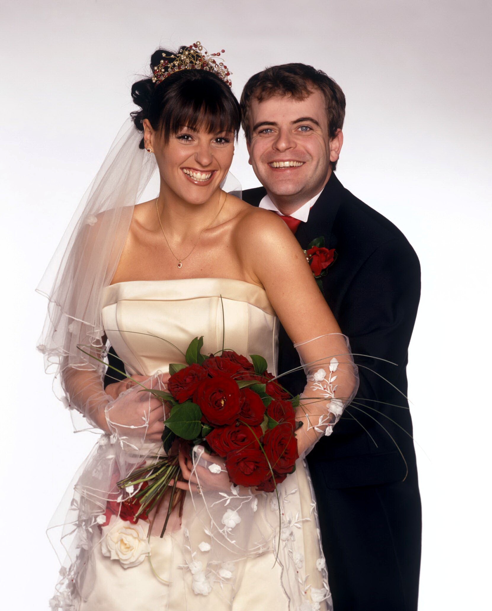 Steve and Karen in their wedding outfits in Coronation Street