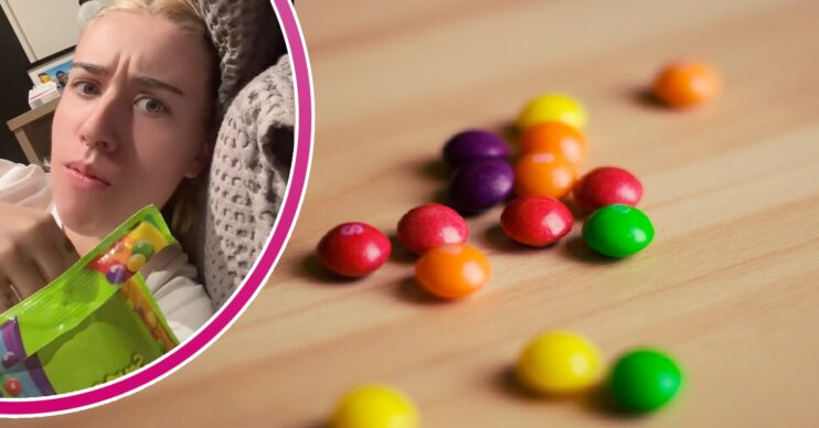 Girl looking shocked eating skittles on TikTok, skittles