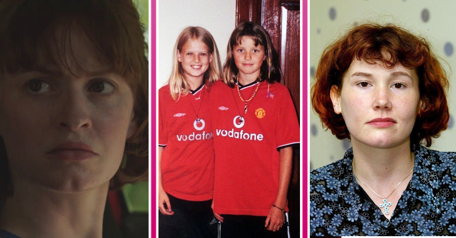 Image of Jemma Carlton as Maxine Carr, Holly and Jessica and image of Maxine Carr mugshot