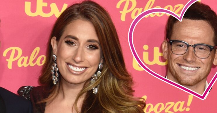 Stacey Solomon smiling and Joe Swash in a heart inset
