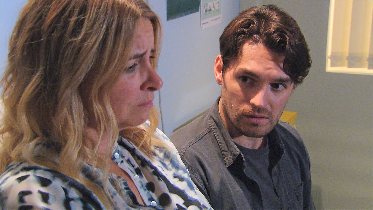Mack looks at an upset Charity Emmerdale 