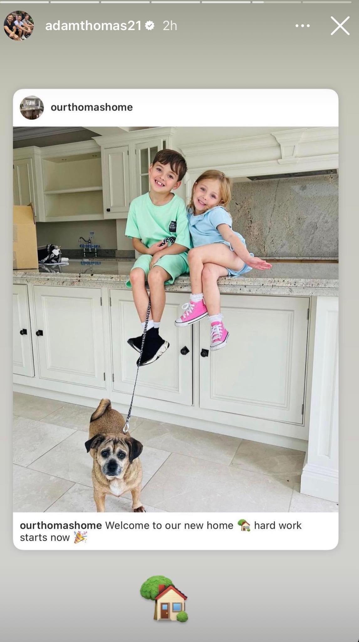 Adam Thomas' Instagram Story showing his two kids and his dog in their new house.