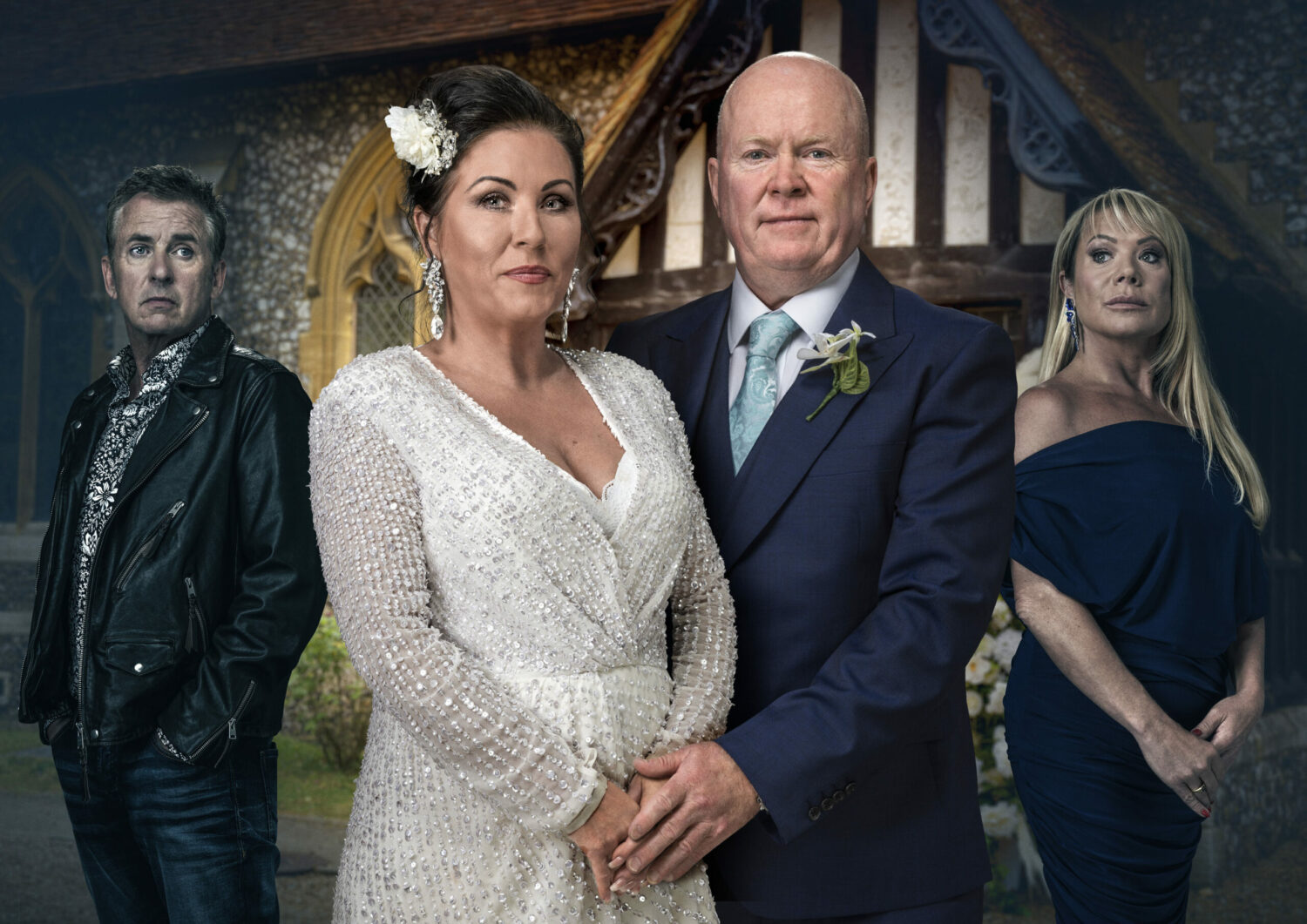 Alfie and Sharon look on at Phil and Kat in their wedding outfits in posed shot