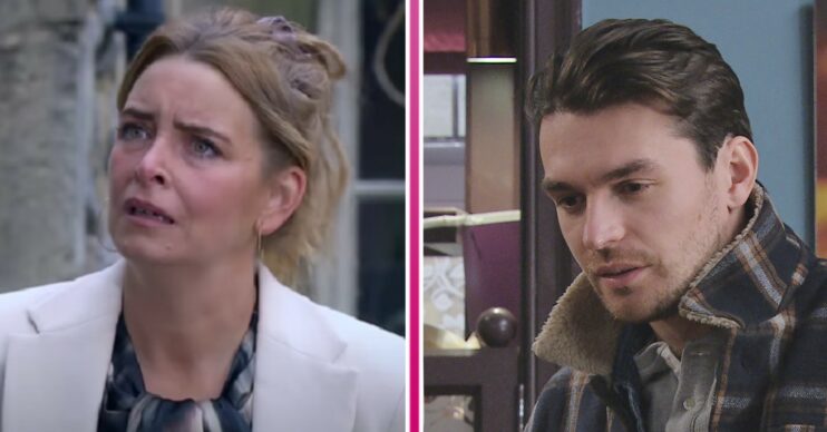 Charity and Mack looking worried in Emmerdale