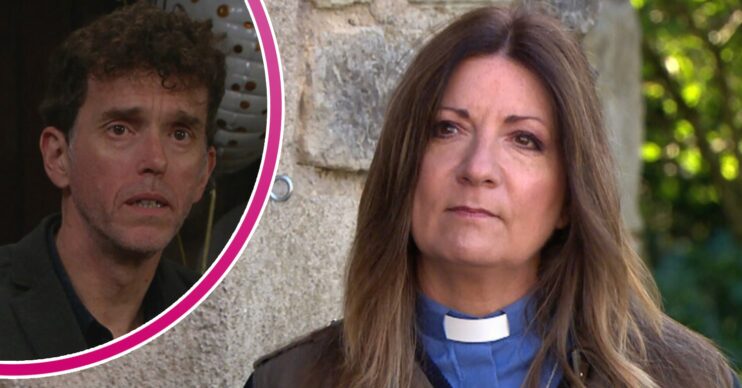 Marlon and Harriet in Emmerdale looking worried