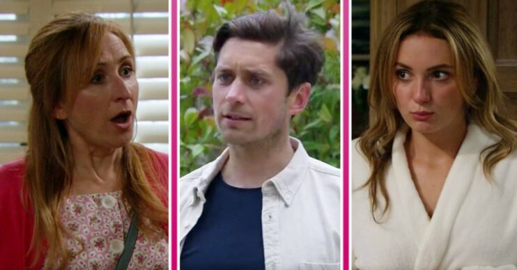 Laurel from Emmerdale looks shocked, Kit looks confused, Gabby tries to look nonchalant