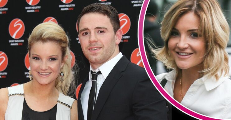 Helen Skelton and her ex-husband smile on the left, a picture of Helen smiling alone is in a half circle on the right side.