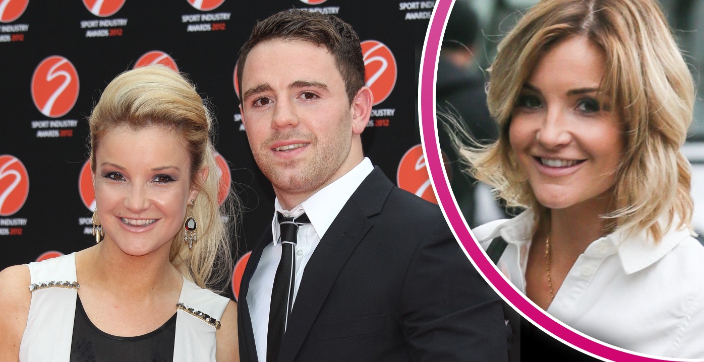 Helen Skelton and her ex-husband smile on the left, a picture of Helen smiling alone is in a half circle on the right side.