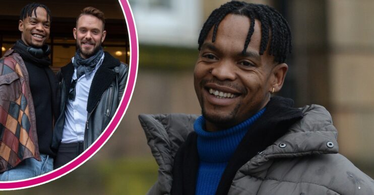 In large picture to the right, Johannes Radebe smiles for the camera. On the left in a half circle frame, Johannes and ex-dancing partner John Whaite smile together.