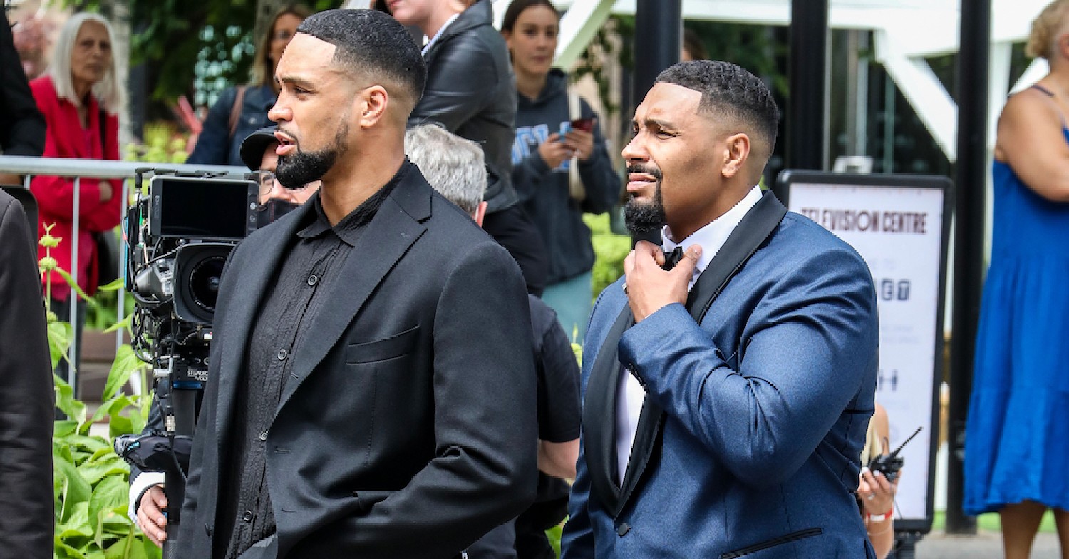 Jordan and Ashley Banjo wearing suits on the BAFTA red carpet