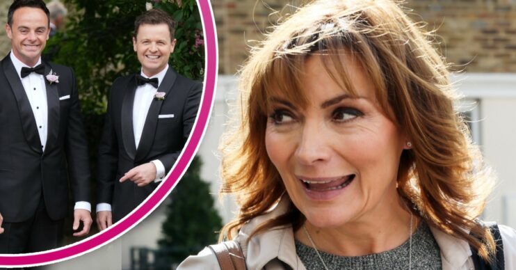 On the right hand side, a large picture of Lorraine Kelly smiling. On the left hand side, in a pink half circle frame, a picture of Ant and Dec.