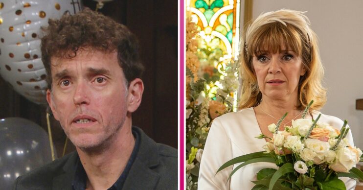 Marlon looking worried and Rhona in her wedding dress in Emmerdale