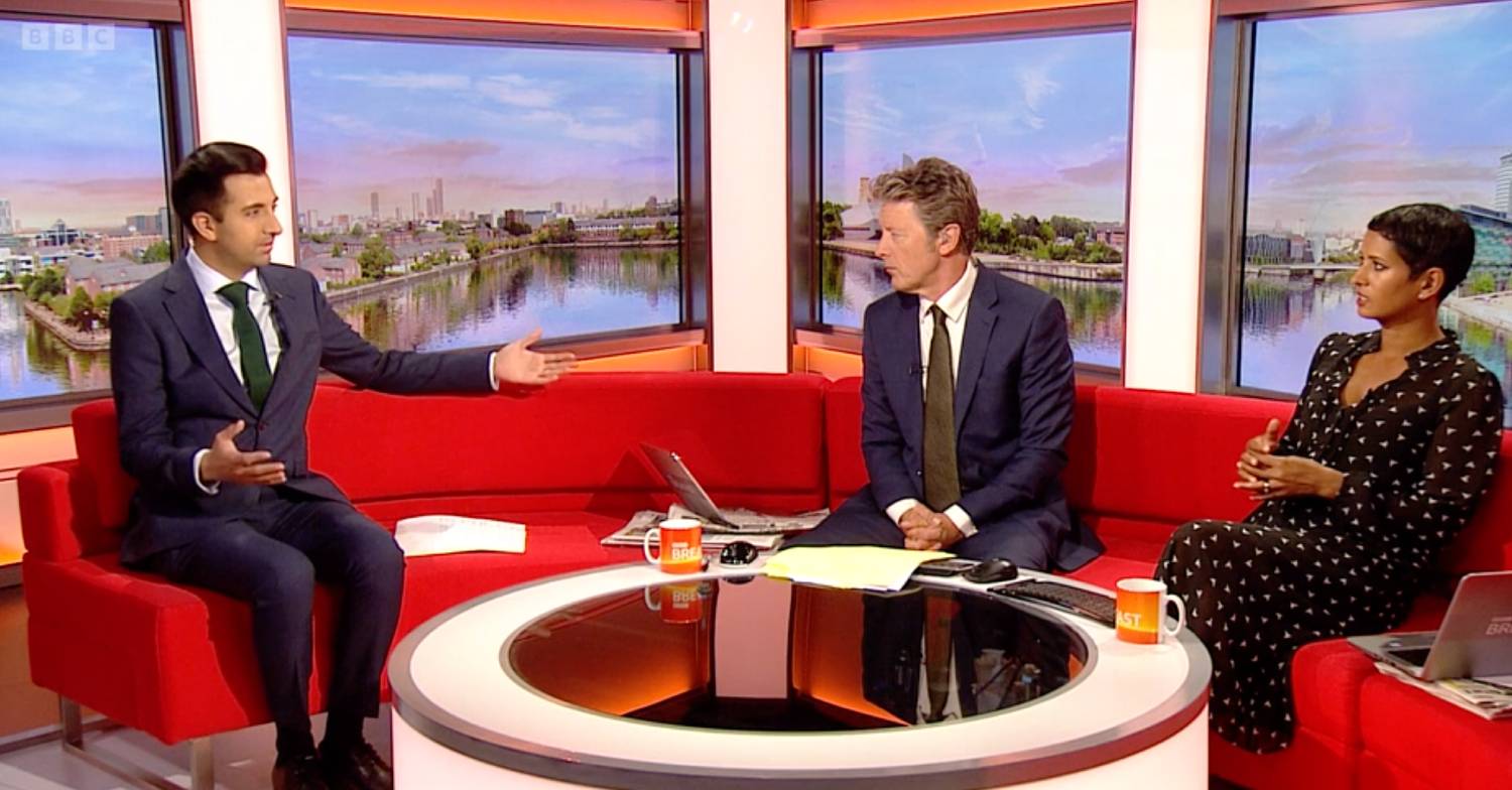 Naga Munchetty and Charlie Stayt speak with Chetan Pathak on BBC Breakfast
