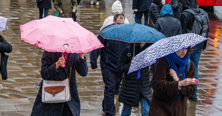 People in UK walking with umbrellas during rainy weather