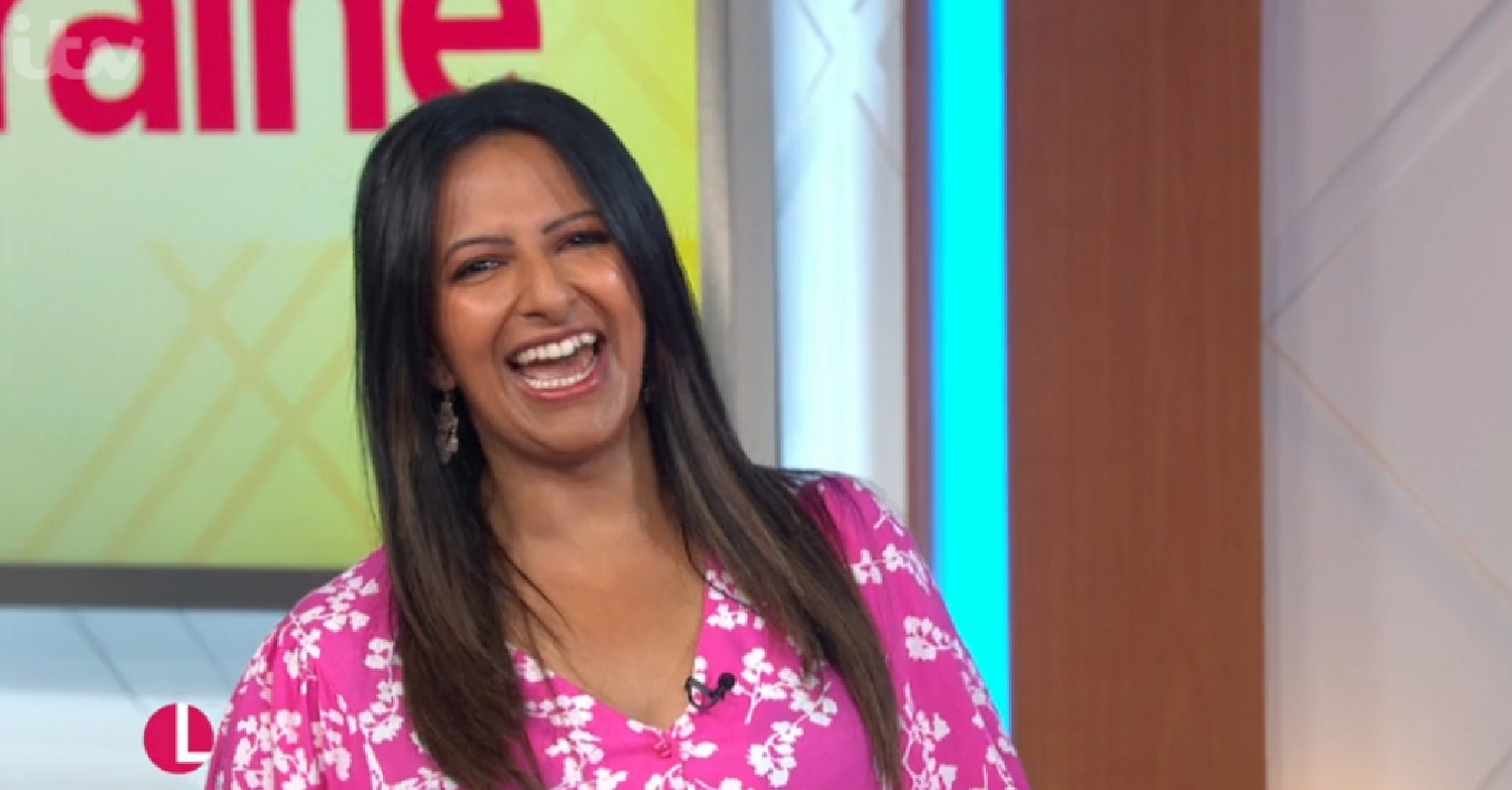 Ranvir Singh smiling and leaning to the left on ITV Lorraine today