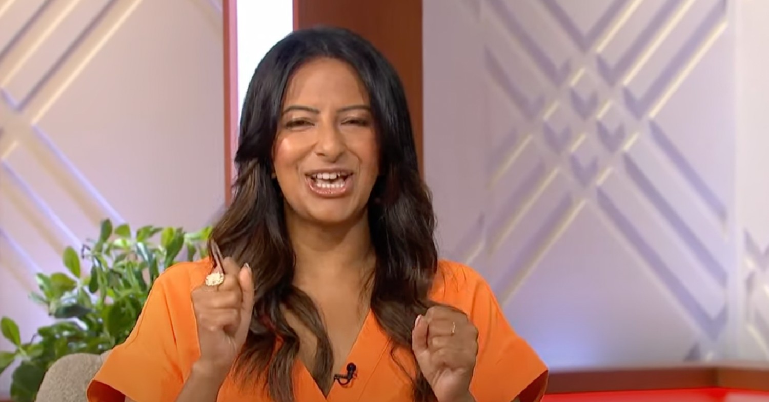 Ranvir Singh hosting Lorraine orange dress