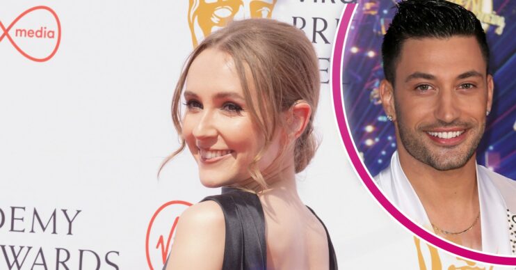 In large picture in centre, Rose Ayling-Ellis smiles for camera. In smaller picture in a pink half circle frame, a picture of Giovanni Pernice smiling