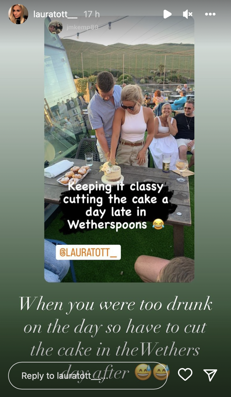 First Dates star Laura Tott and her partner cutting a cake 