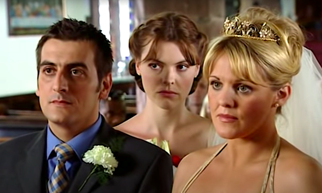 Shelley and Peter's wedding in Coronation Street, with serious Tracy looking on